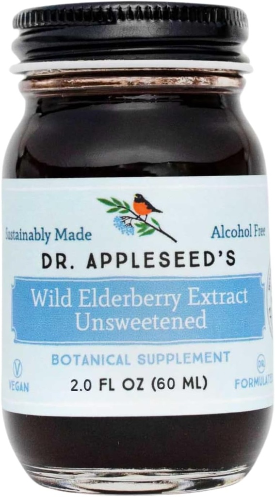 Dr. Appleseed's Wild Elderberry Extract Unsweetened Max Strength 720mg Kinder + Erwachsene Tägliche Immunergänzung Doctor-Formulierte Wissenschaft-Backed Pure Vegan 25 Tage Versorgung – 2 Fl Oz