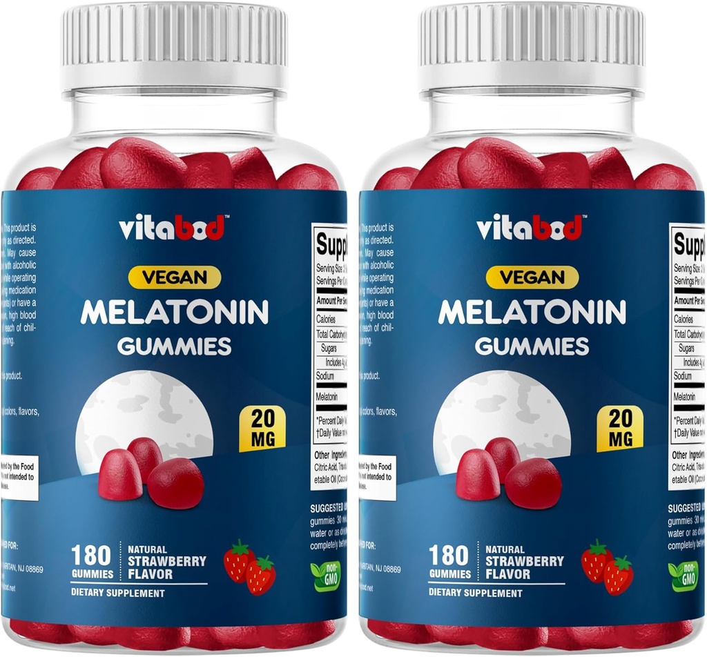 Mélatonine 20mg Gummies - 180 Nombre - Sans médicament - Fraise naturelle - Végétarien, non OGM, sans gluten (2 bouteilles)