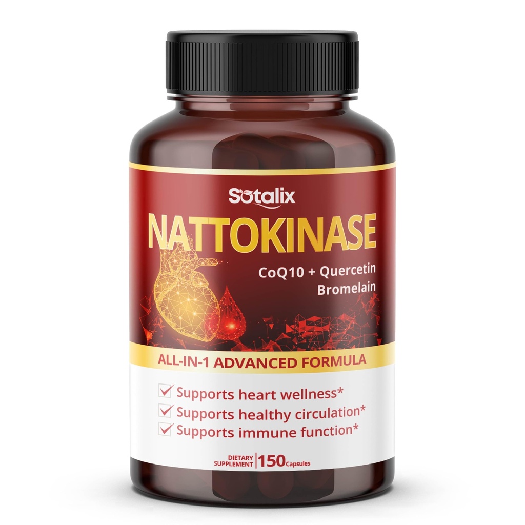Nattokinase avec CoQ10 + Quercetin de riz de levure rouge + Bromelain -Immune Booster - USA Fabriqué et testé (150 jours d'approvisionnement (paquet de 1))