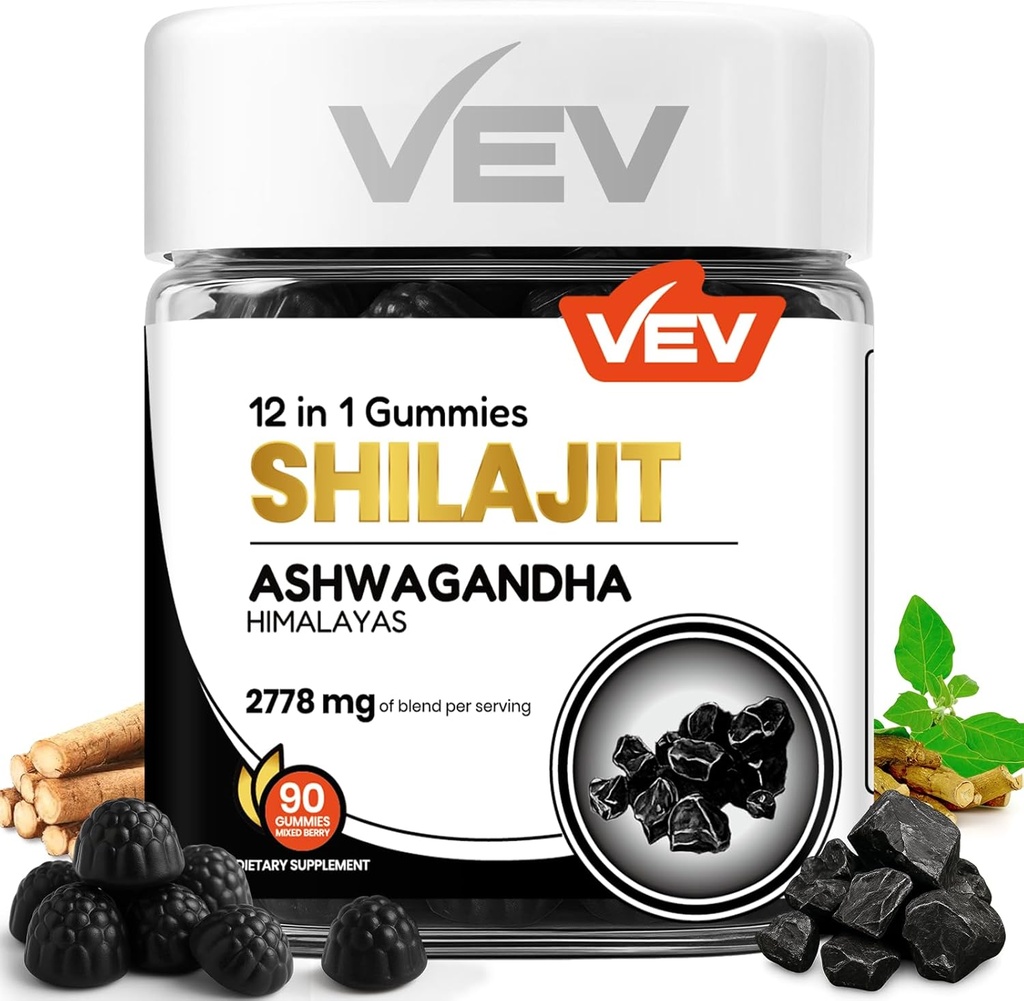 VEV Shilajit Gummi für Männer & Frauen | 1000mg Shilajit & Ashwagandha Gummies mit Sea Moss & L-Theanine für Energie, Vitalität & Stress Balance | Vegan, kein hinzugefügter Zucker | 90 Zähler für tägliche Wellness