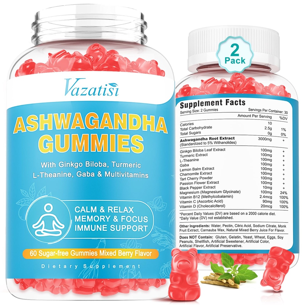 2 Pack Ashwagandha Gummis mit Turmeric GABA Mood Energy und Immununterstützung, Gemischte Berry Flavor 120 Cts