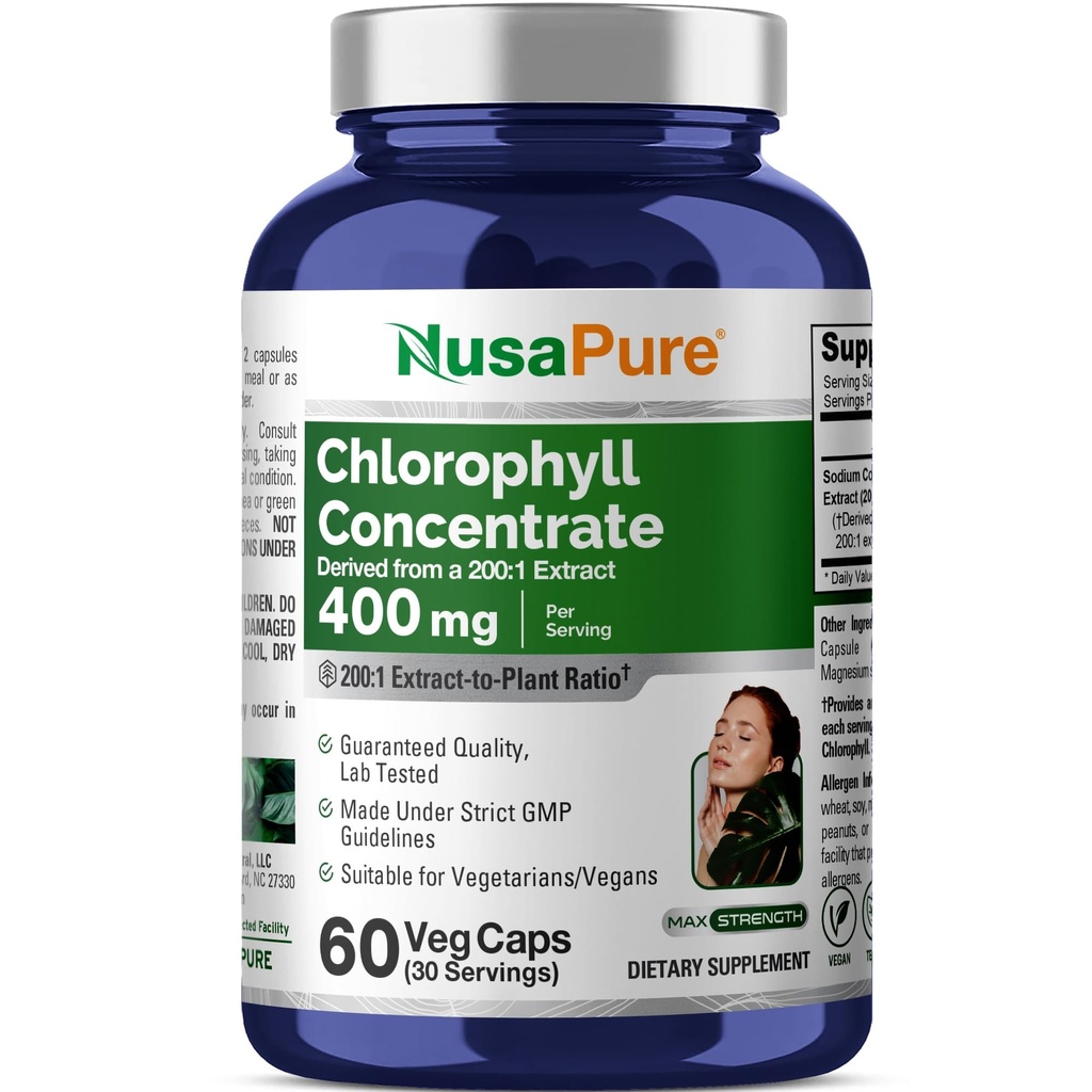 NusaPure Chlorophylle 200:1 Extrait, 400 mg Équivalent à 80 000mg 60 Caps de légumes (Equivalent 80000mg par portion, non OGM, végétalien) Cuivre de sodium Chlorophylline