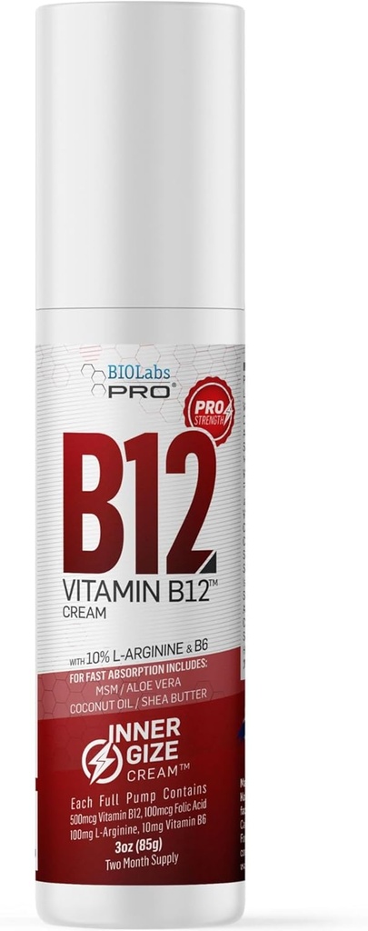 BIOLABS PRO INNERGIZE B12 Cream - All Natural Topical B12 w/B6 & 10% L-Arginin - Advanced Neurological & PreWorkout Support - Professional Grade Methyl B12 - B6