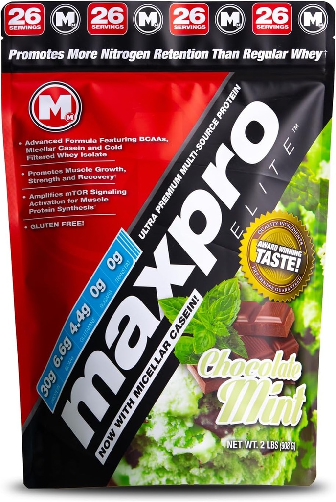 Max Muscle Maxpro Elite | 30g Protein | 6.6g BCAAs | Micellar Casein Cold Filtered Whey Isolate Protein Concentrate | Fördert Muskelwachstum, Stärke und Erholung (Chocolate Mint, 2lb)