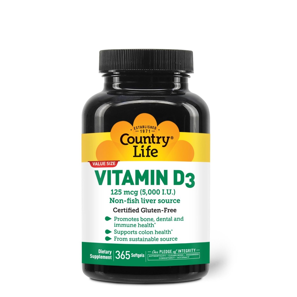 Country Life Vitamin D3 5000 IU – High Potency, Non-Fish Source, unterstützt Knochengesundheit, Immunfunktion & Calcium Absorption – 365 Softgels, zertifizierte Glutenfreie, langfristige Versorgung