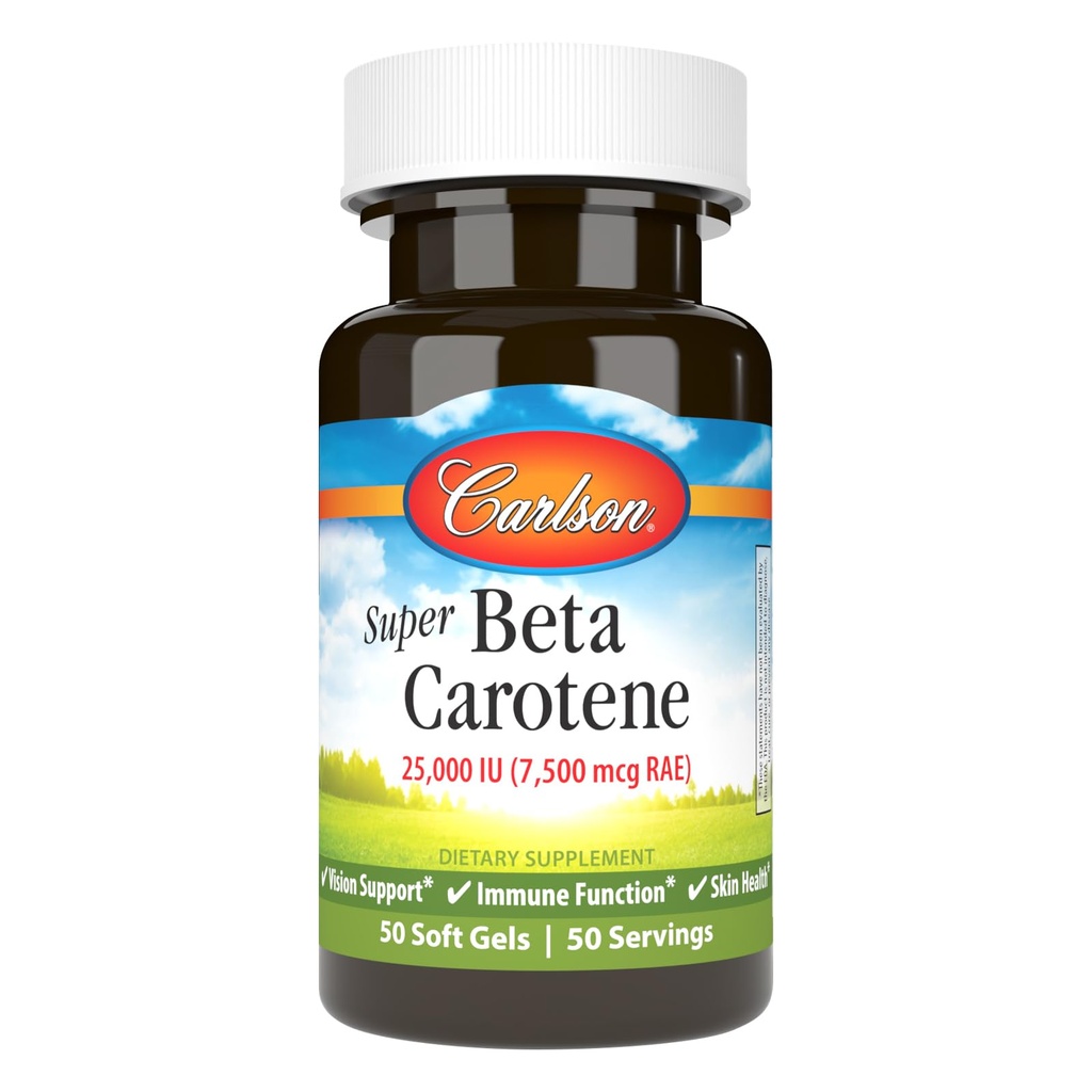 Carlson - Super Beta Carotene, 25000 IU (15 mg), Vitamin A als Beta Carotene, Bioverfügbar und bioaktiv Form, Vision Health, Gesunde Haut, 50 Softgels