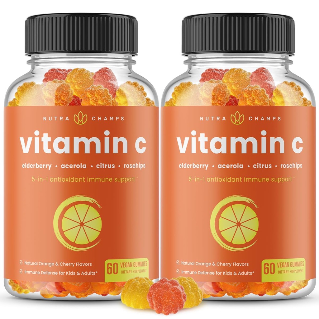 NutraChamps Vitamin C Gummi für Erwachsene & Kinder, 5-in-1 Immunsystem Unterstützung mit Elderberry, Rosehips, Citrus Bioflavonoids & Acerola Cherry, Immunität Booster Supplement (Pack von 2)