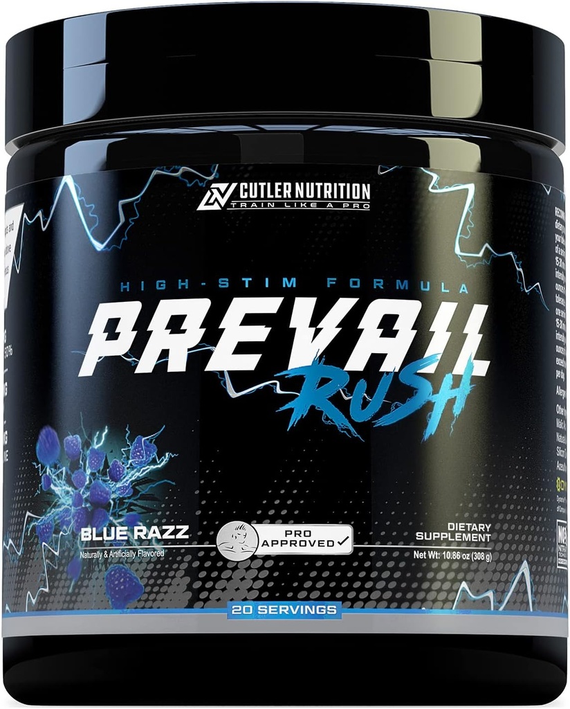 Cutler Nutrition High Stim Pre Workout Powder Prevail Rush Preworkout für Männer und Frauen für Intensivpumpen Energie und Fokus mit Koffein NO3T Betaine und Dynamine | Sour Blue Razz (20 Servierungen)