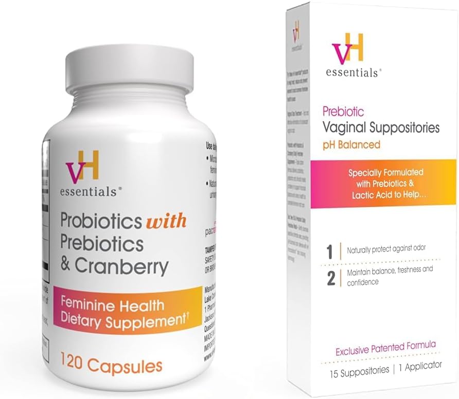 vH essentials Probiotics with Prebiotics and Cranberry Feminine Health Supplement - 120 Kapseln (544-36) & Prebiotic PH Balanced Vaginal SuppositoriesBox, Original Version, 15 Zähler