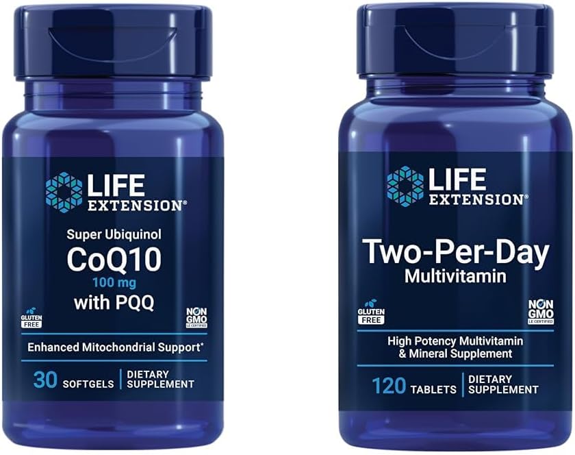Life Extension Super Ubiquinol CoQ10 100mg 30 Softgels Cellular Energy Support Bundle mit Zwei-Per-Day High Potency 120 Tablet Multivitamin