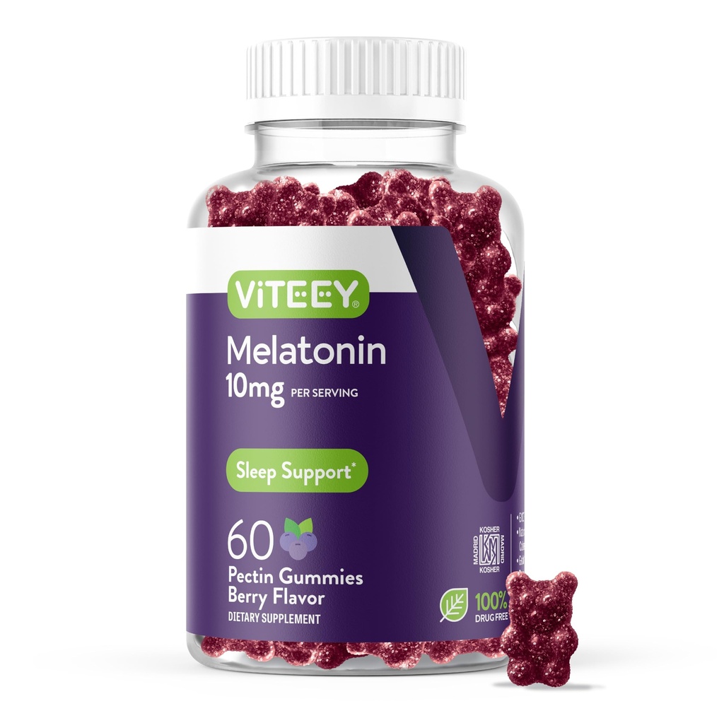 Viteey Mélatonine Gommies 10mg - Gommies de sommeil pour adultes Mélatonine de force supplémentaire - végétalien, sans OGM, sans gluten - 60 Nombre