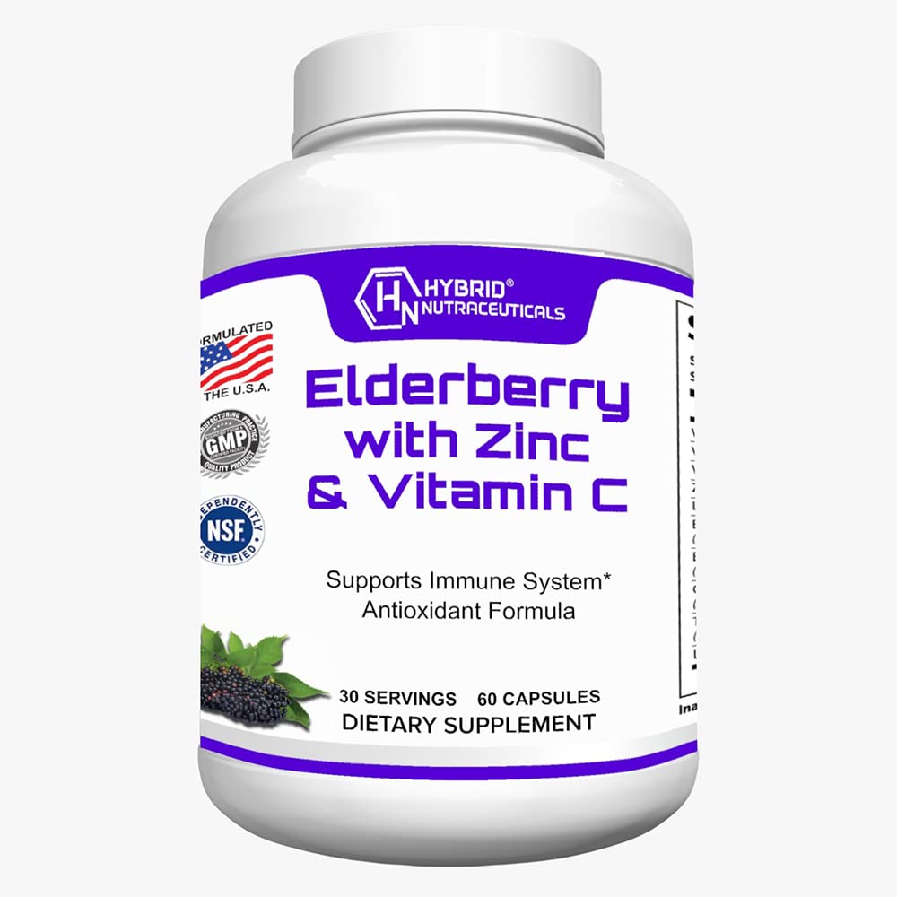 Hybrid Nutraceuticals Black Elderberry Kapseln, mit Echinacea, Kurkuma, Knoblauch, Zink, Vitamine C, E und B6, Probiotika und L-Glutamin (60 Kapseln)
