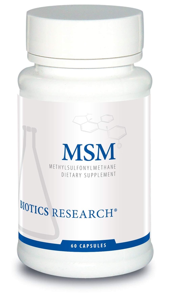 Recherche en biotique MSM Potent Sulfur Supplement, Collagène Production, Cheveux sains, Peau et ongles, Muscle et Confort articulaire. 60 gélules