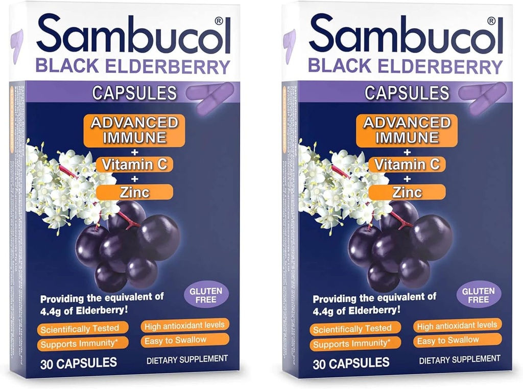 Sambucol Black Elderberry Kapseln - Advanced Immune, Vitamin C und Zink, Elderberry Kapseln, Immununterstützung, Black Elderberry Supplements, Glutenfrei, Easy to Swallow Capsules - 30 Count, 2-Pack