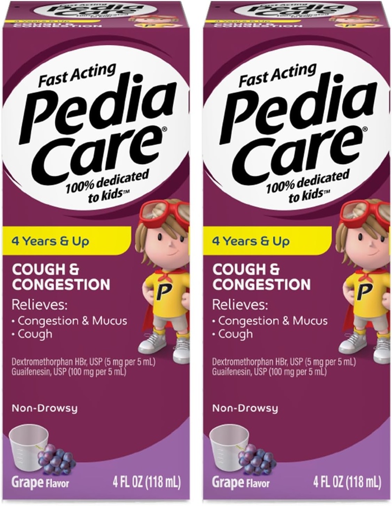 Médicaments liquides pour la toux et la congestion des enfants pour la toux, la congestion thoracique et les symptômes du rhume mucus, non somnolents, 4 ans et plus, arômes de raisin, 4 fl oz (2 pack)