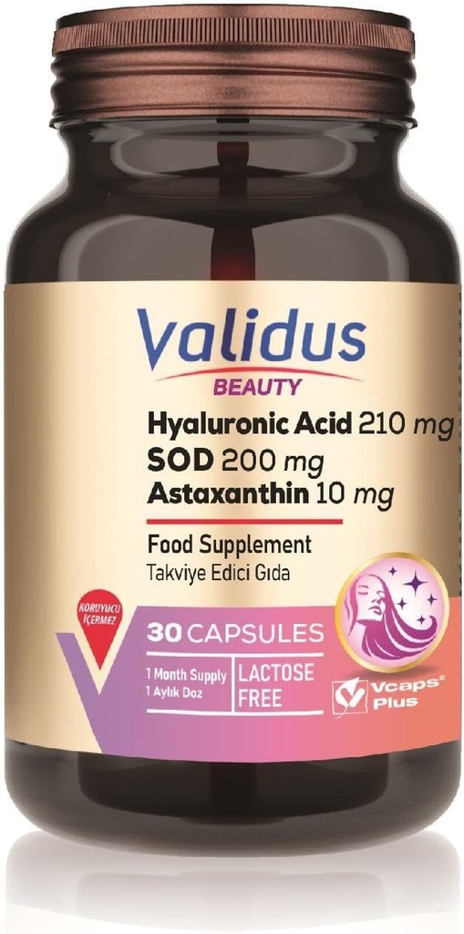 VALIDUS Hyaluronsäure 210 mg + Astaxanthin 10 mg 30 Kapseln (Vcaps Plus)