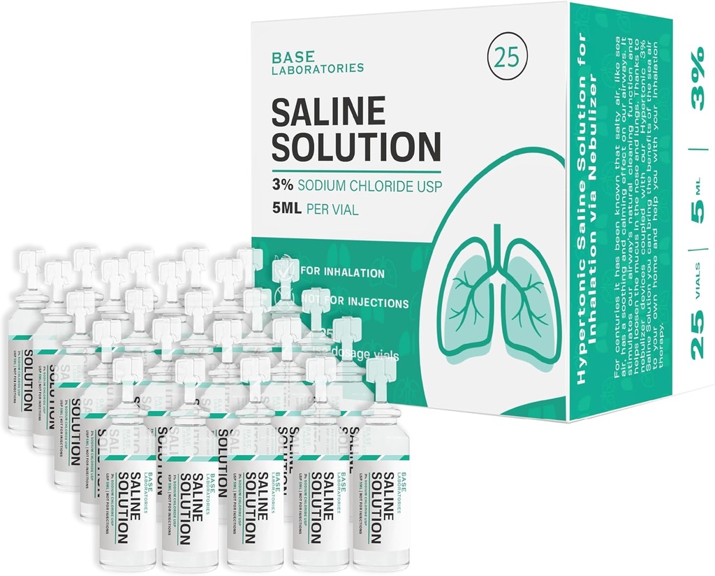 BASE LABORATOREN 3% Saline Lösung für Vernebler Maschine | Saline Lösung für Inhalation & Nasal Bewässerung | Hohe 3% Konzentration l 25 Vials 5ml Einheit Dosierung