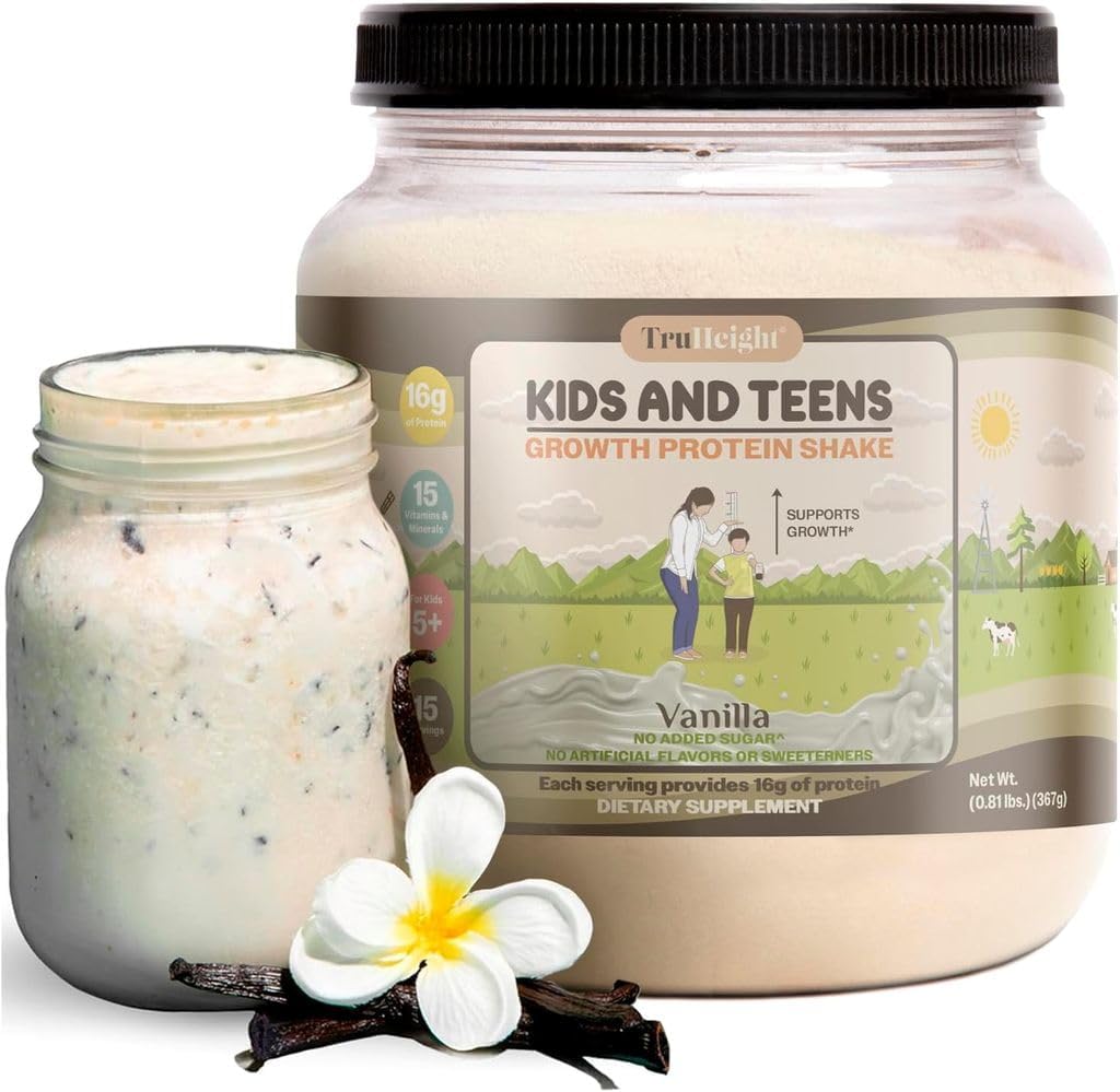 TruHeight Growth Protein Shake (Vanilla Ice Cream Flavor, Whey) Growth & Development Protein Powder for Kids & Teens - Weight Gain Drinks - Beendet von Kinderärzten, Picky Eater Vitamin, Alter 4+