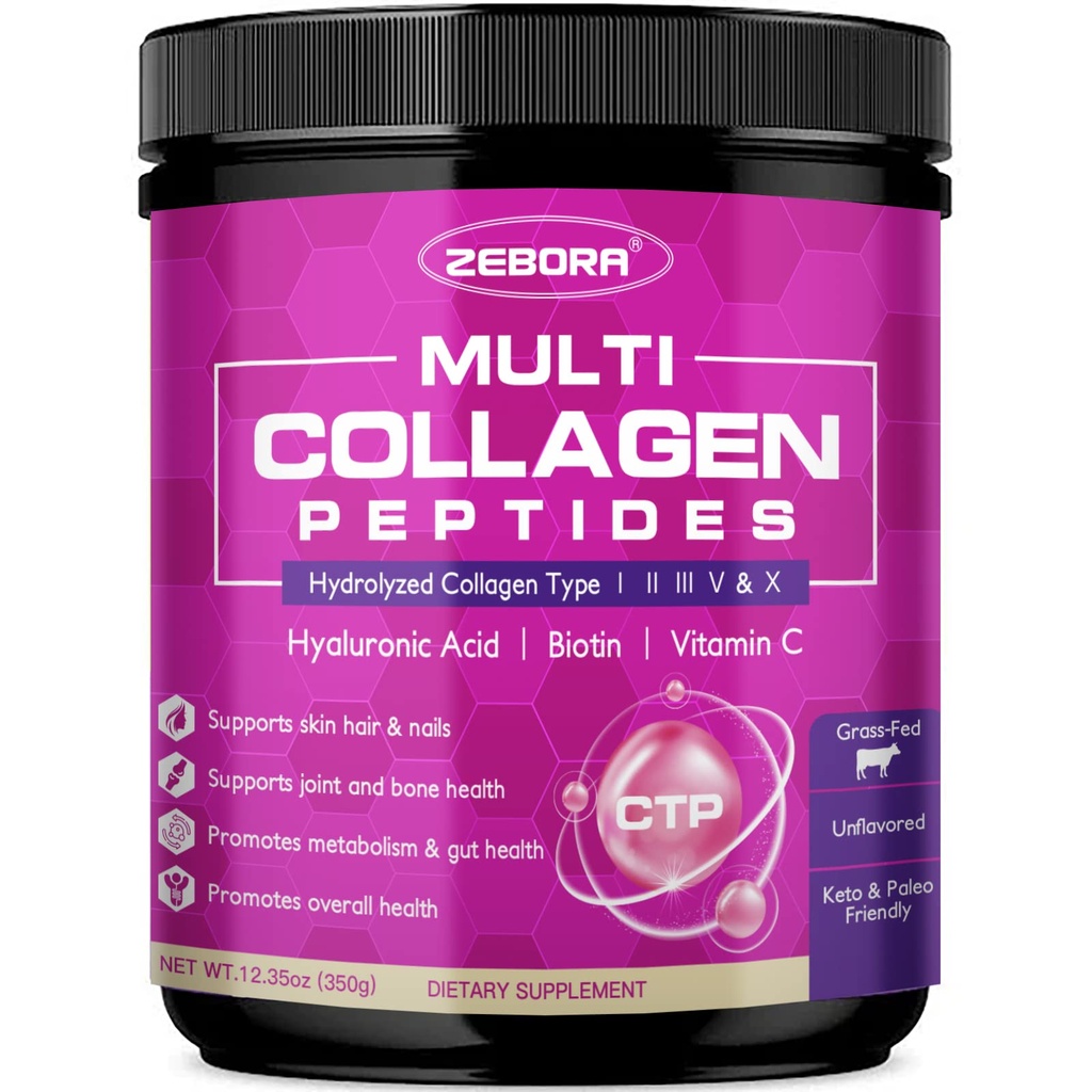 ZEBORA Multi Collagen Peptides Powder - Hydrolysiertes Collagen Typ I II III V X mit Hyaluronsäure, Biotin, Vitamin C - Unterstützung Hauthaar Nagel Joints, Non-GMO, Unflavored, Keto Friendly