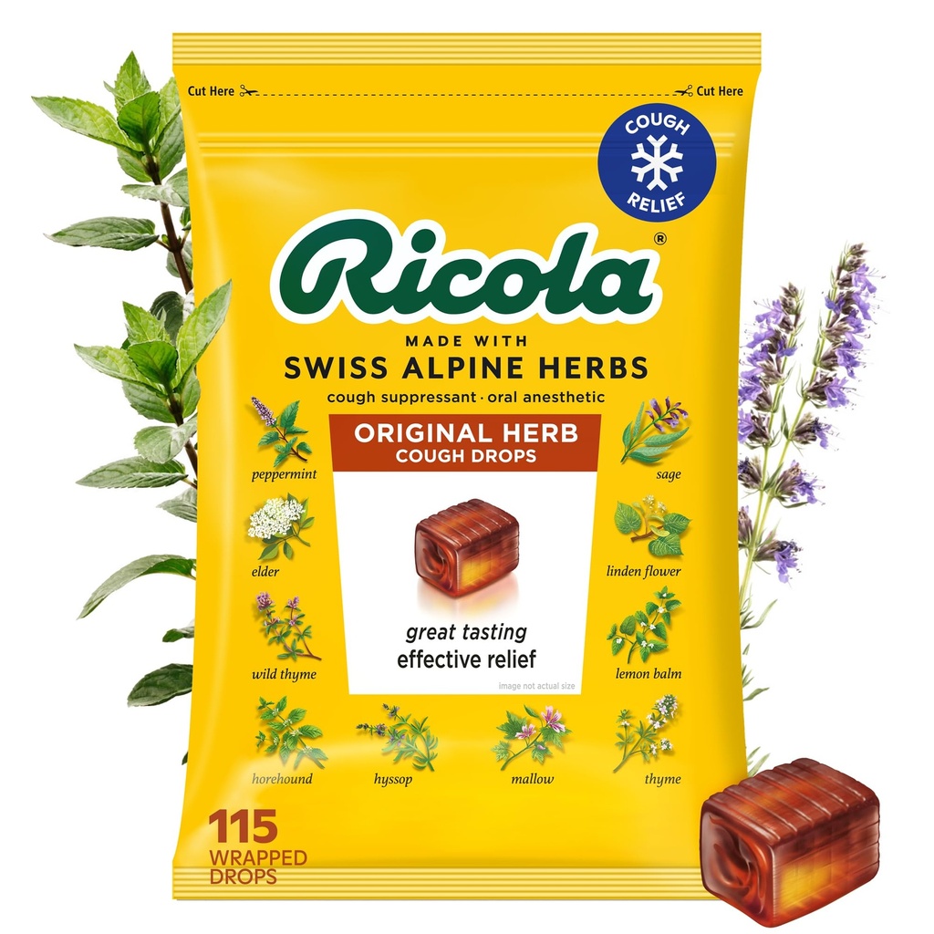 Ricola Drops de Toux d'herbe originale, 115 Compte, Toux Supprimant et Gorge Soulager les gouttes avec le menthol d'origine naturelle, Plaisir goût d'herbe pour Toux et Gorge Irritation Symptom Relief