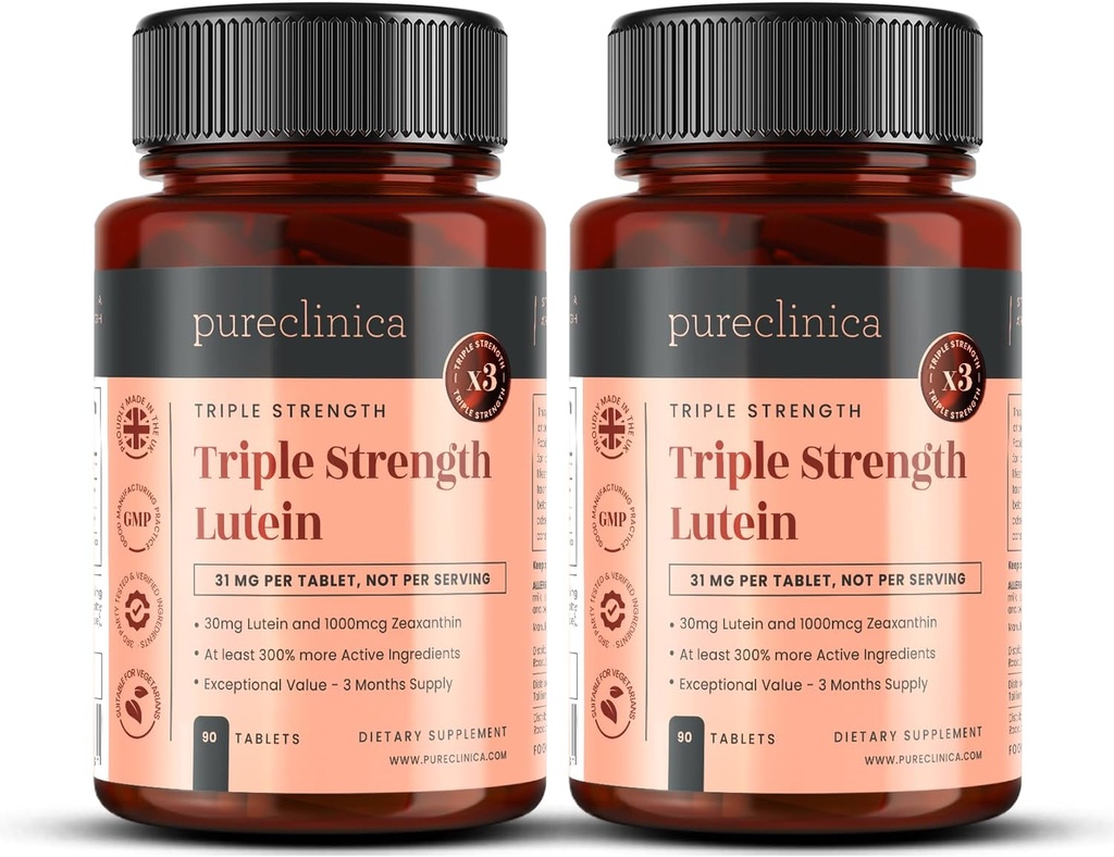 pureclinica Lutein 30mg x 180 Tabletten (2 Flaschen mit 90 Tabletten in jedem). mit 1000mcg Zeaxanthin. 3 x Die Stärke der Regelmäßigen Lutein Tabletten