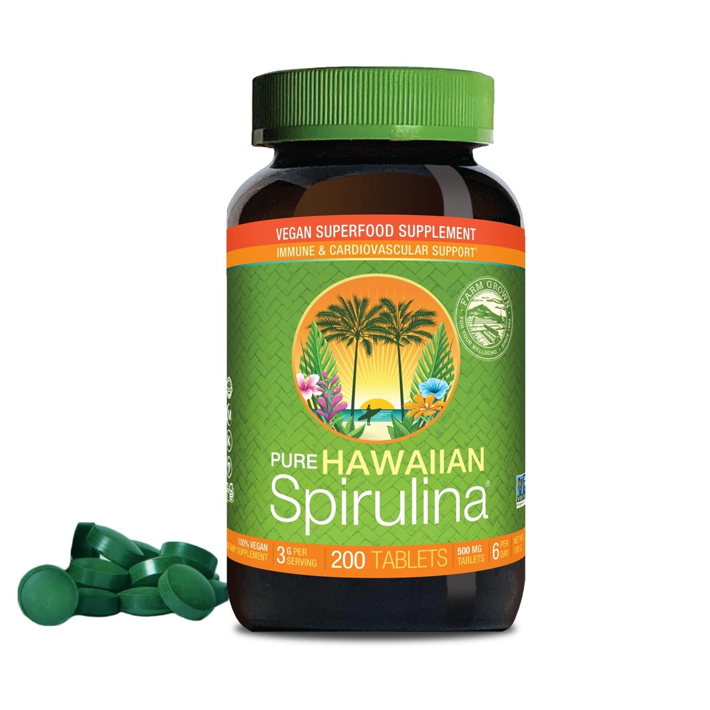 Nutrex Hawaii, Pure Hawaiian Spirulina 500 mg, Vegan, unterstützt Immunsystem, Herz, Zellen und Energie, 200 Tabletten