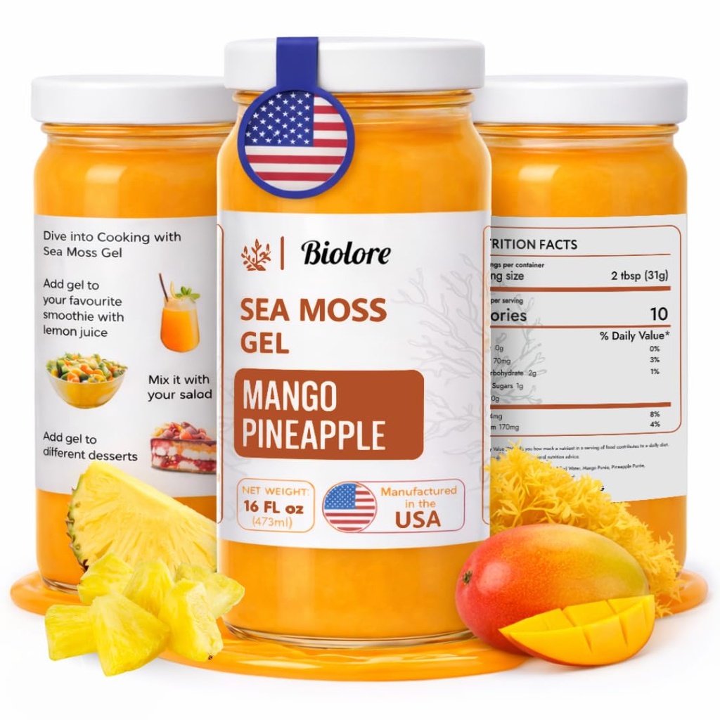 Biolore Gel de mousse de mer sauvage - Ananas de mangue 16 oz - Gel de mousse de mer aromatisé avec vitamines essentielles et minéraux traces - Superfood végétalien - Fabriqué aux États-Unis, sans gluten, sans sucre ajouté