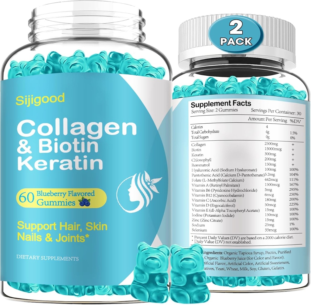 2 Pack Biotin Gummis mit Kollagen, Keratin, Hyaluronsäure, Vitamin für Haut, Haarwachstum, Nägel, Frauen Männer Erwachsene Kinder - Blueberry Flavored, 120 Gummis