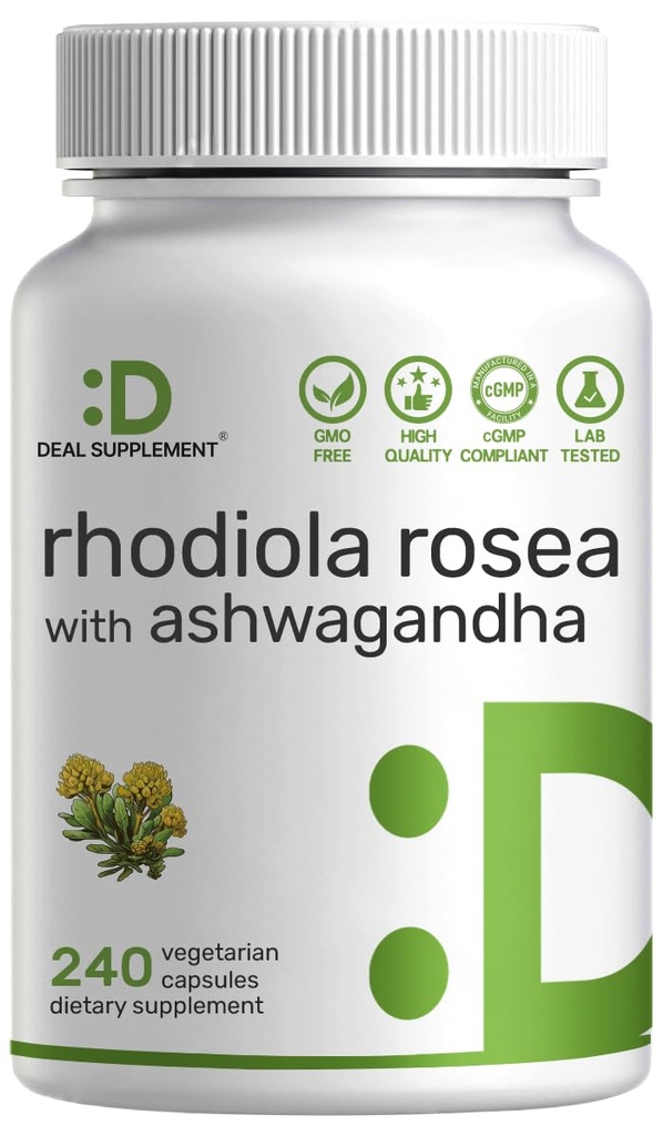 DEAL SUPPLEMENT Rhodiola Rosea mit Ashwagandha, 240 Veggie Kapseln – Max Strength 10:1 Root Extract – Adaptogene Ergänzungen für Entspannung, Energie und Gehirngesundheit* – Non-GMO