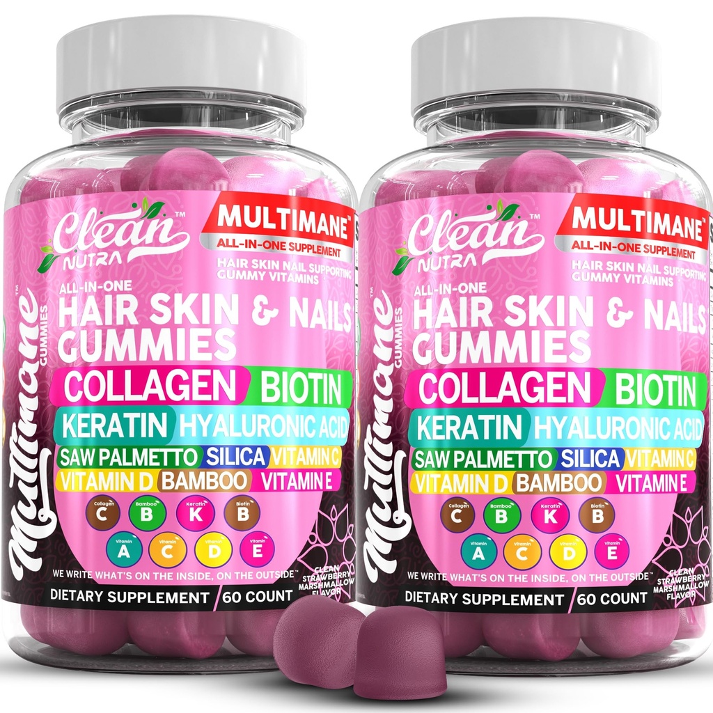 Multimane Collagen Gummis mit Biotin Keratin Hyaluronsäure Bamboo Vitamin A C Vitamin D Vitamin E Folate Säge Palmetto Silica B3 Vitamine Haarhaut und Nägel Gummis von Clean Nutra