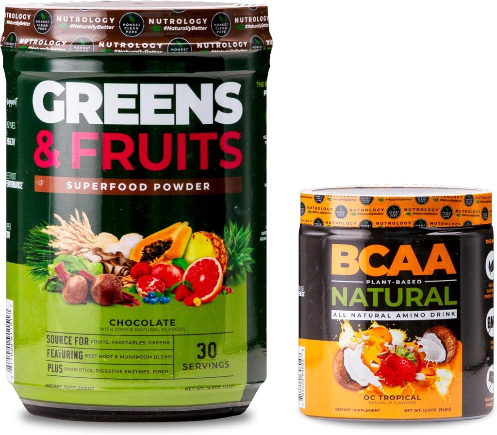 Nutrology Greens & Fruits Powder-Naturally Sourced Superfood, Schokolade (30 Servierungen) BCAA Natural, Pflanzenbasierendes BCAA Pulver, Orange Kokosnuss Geschmack (30 Servierungen)