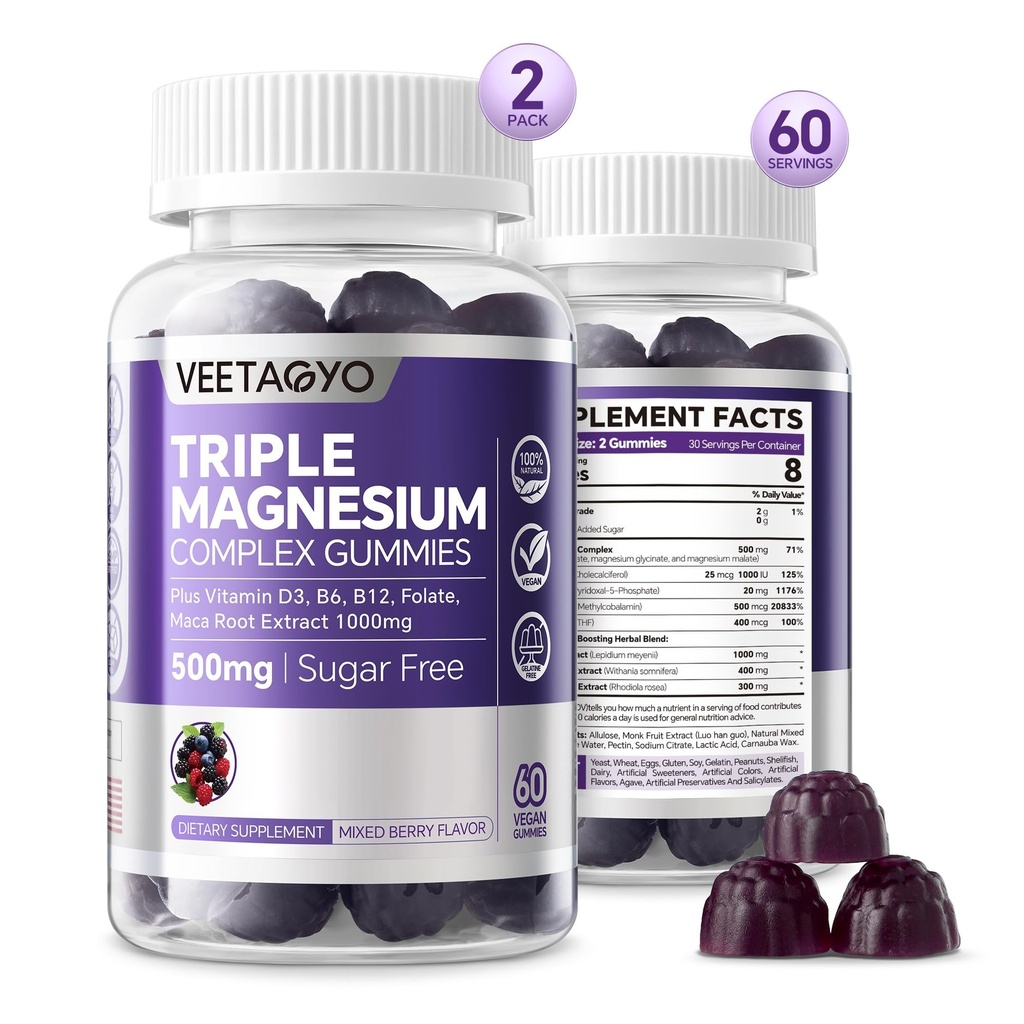 Magnesium Gummi 500mg 400mg | Hohe Absorption, Knochen, Nerves, Muskel | 3 Formen von Magnesium Complex Supplement Glycinate,Taurate,Malate | Erwachsene - Vegan,Sugar Free,120Cts
