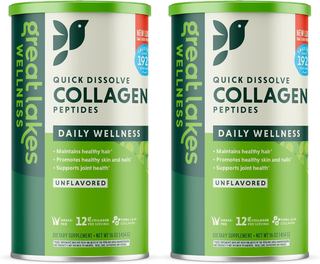 Große Seen Wellness Collagen Peptide Pulver für Haut, Haar, Nägel, Gelenke & Verdauung - Unflavored - Quick Dissolve Hydrolyzed, Non-GMO, Keto, Kosher - 16 oz - 2 Pack - Verpackung Mai Vary
