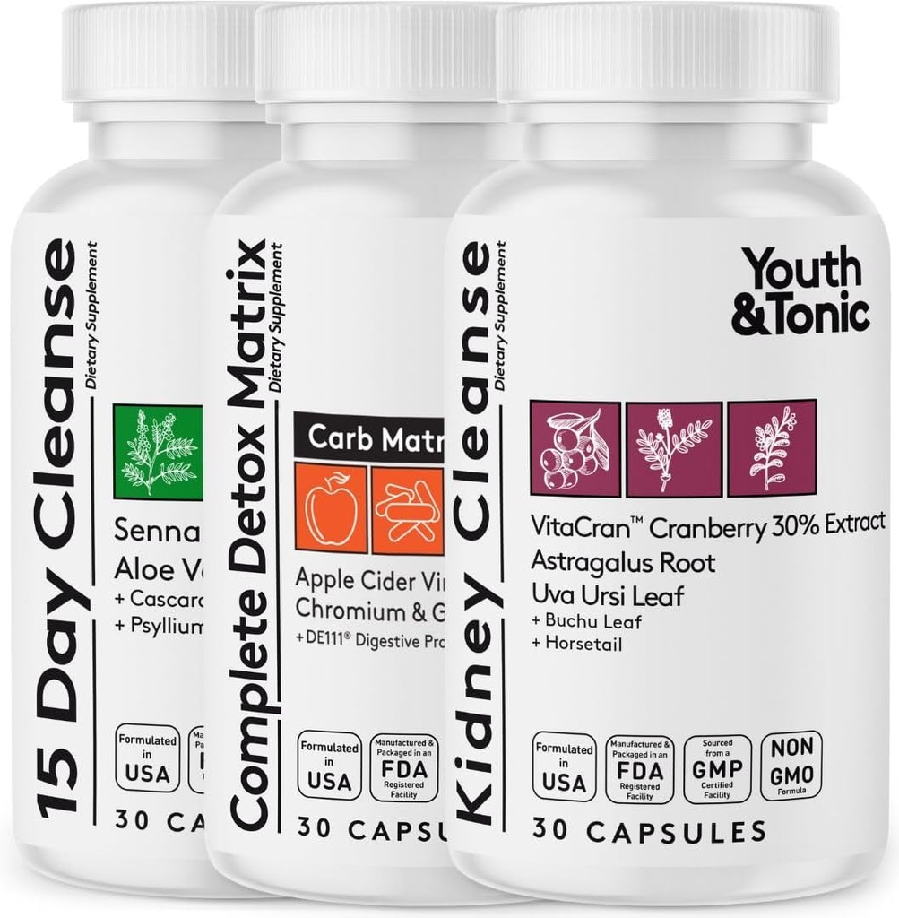 Ganzkörper reinigen 3pk Bundle | 15 Tage Colon Cleanser und System Alkalisieren mit vollständiger Detox Matrix und Kidney Cleanse für Urinary Tract & Bladder Health
