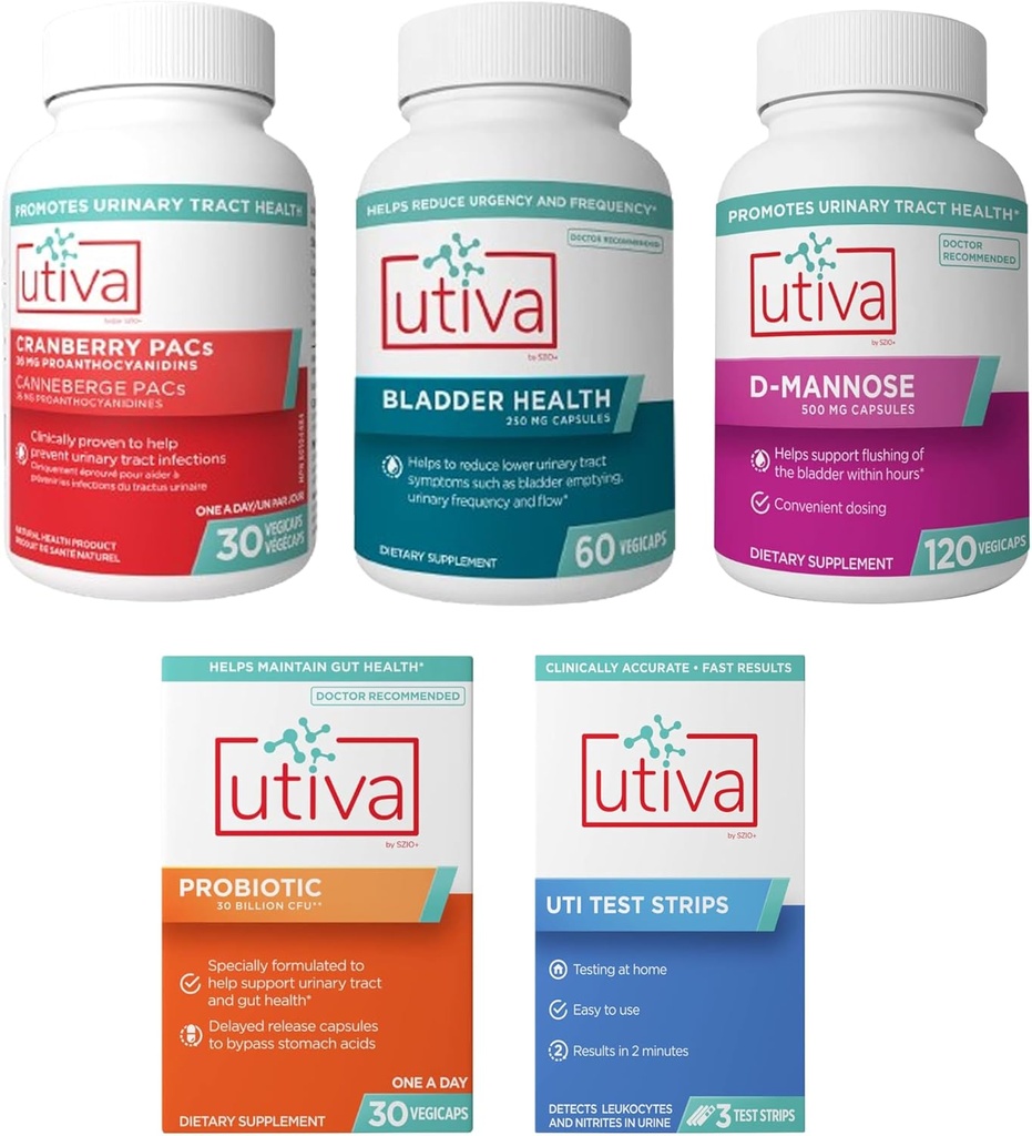 15% Bundle Utiva Cranberry PACs 30 Vegi Kapseln + Utiva Blase Gesundheit 60 Kapseln + Utiva D-Mannose 500mg 120 Kapseln + Utiva Probiotic 30 Delayed Release Vegi Kapseln + Utiva UTI Teststreifen