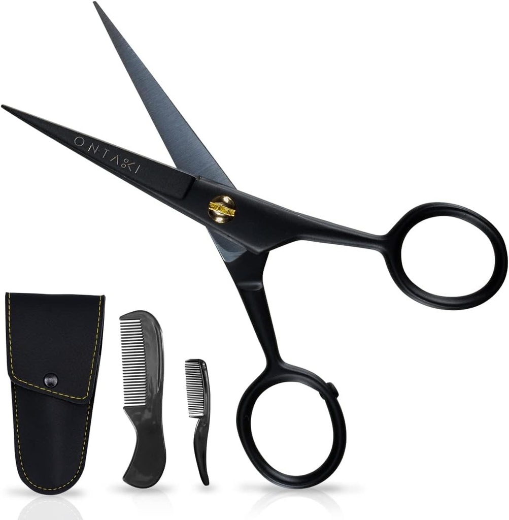 Ontaki Mustache Scissors für Herren - 5-Zoll, Schwarz - Deutsch High-Carbon Steel Bevel-Edge für Präzision - Bart Trimming Scissors - Includes Grooming Kit with Mustache & Beard Combs & Carrying Pouch