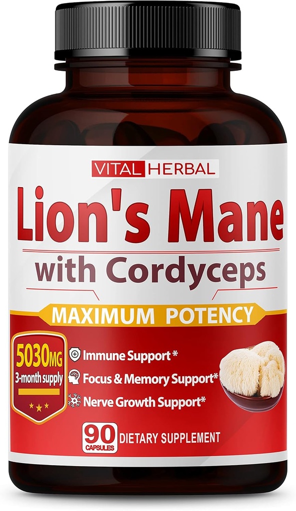 VITAL HERBAL Lions Mane Champignon avec Cordyceps Capsules Équivalent à 5030mg - Potence maximale L-Theanine Ashwagandha Supplément Cerveau pour Focus Memory Energy Mood Support 90 jours
