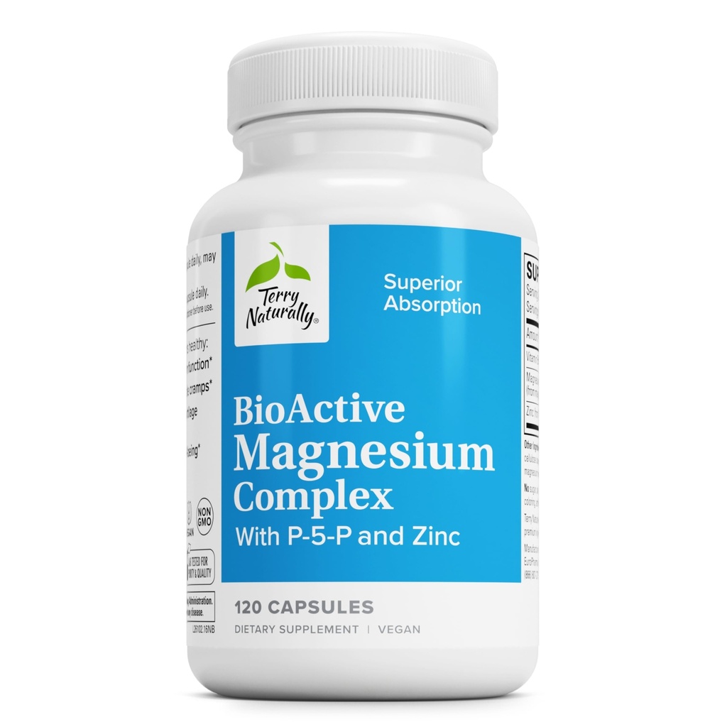 Terry Naturally BioActive Magnesium Complex - Knochen & Herz-Gesundheit Unterstützung - Ergänzung mit Vitamin B6, Zink & Magnesium - Pyridoxal-5-Phosphate Vegan Kapsel Supplement - 120 Kapseln
