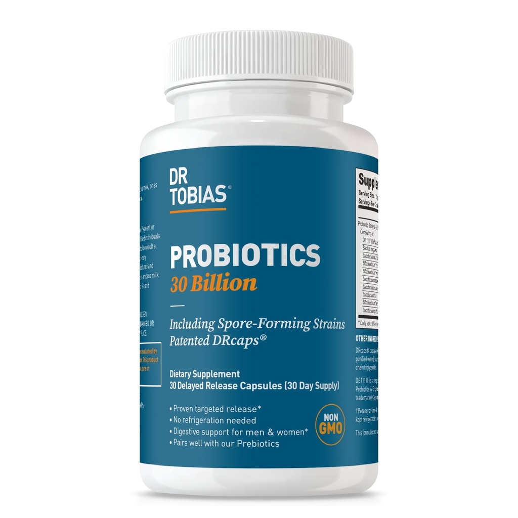 Dr. Tobias Probiotics 30 Billion, 10 Strains, 30 Billion CFU's, Targeted Release Probiotics for Women & Men, unterstützt Verdauungsgesundheit, Regal-Stable, Non-GMO, 30 Kapseln, 30 Servietten