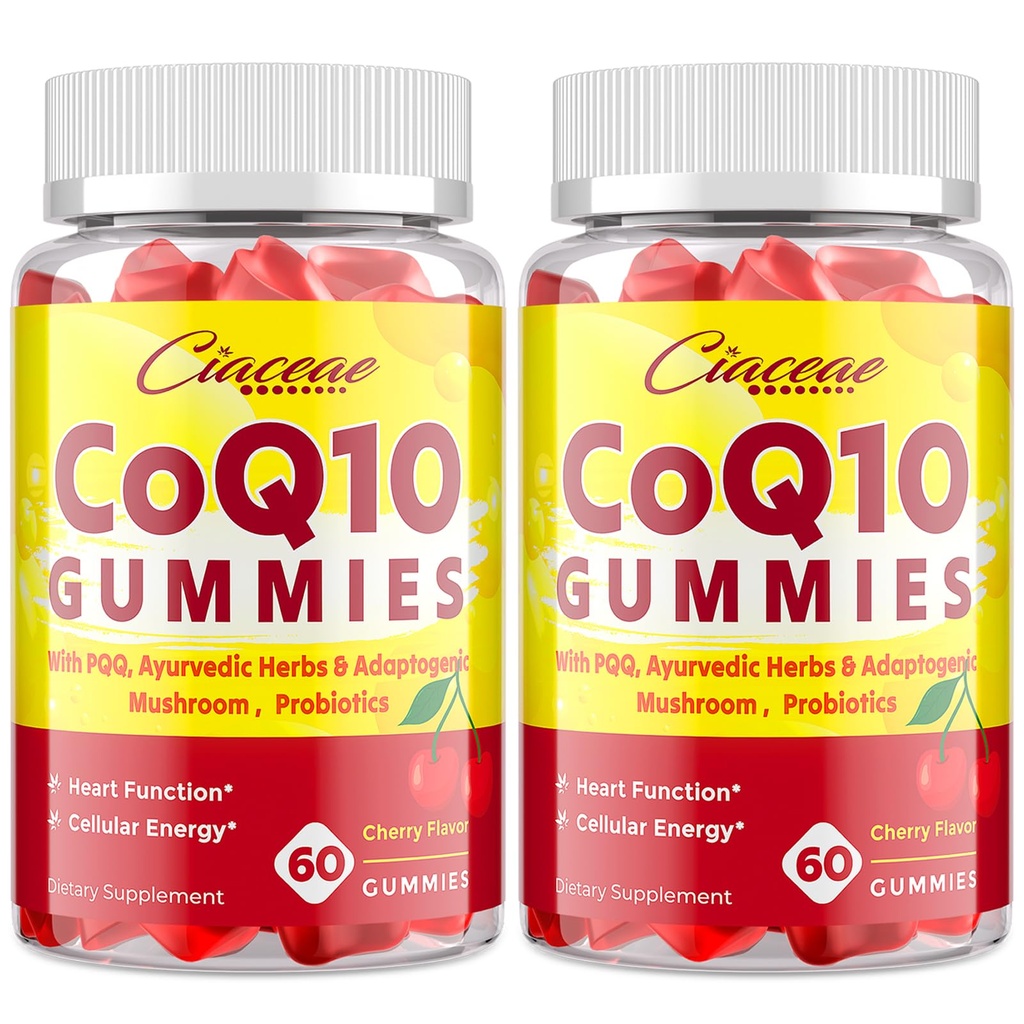 CoQ10 Gummis mit PQQ - 400 MG Coenzym Q10 Hohe Potenz, Verbessert mit Ayurvedic Kräuter, Adaptogene Pilzmischung & Probiotika für Herz, Gehirn, Energie, Immunität, Kirsche Flavor, 120 Vegan Gummis