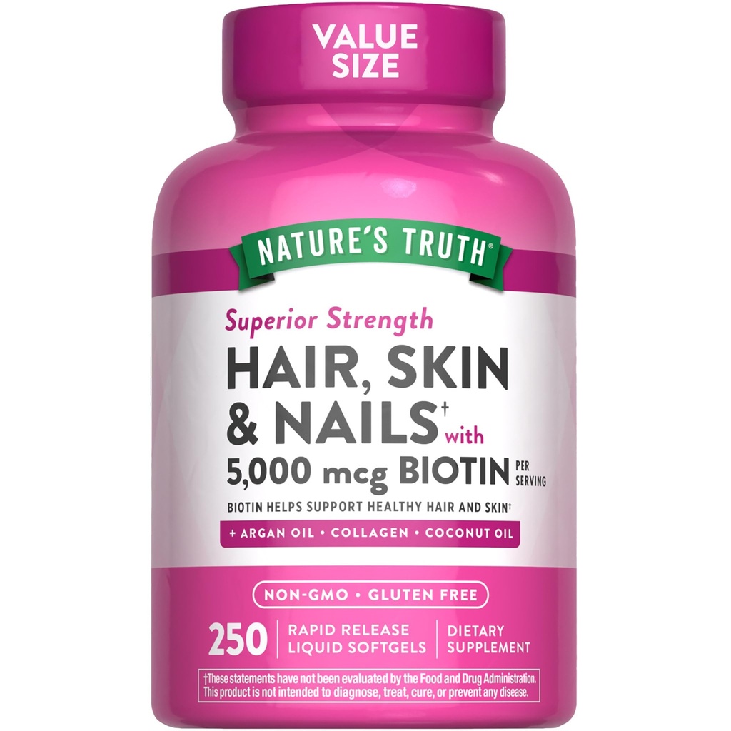 Nature vérité cheveux, peau et ongles vitamines $ 5000mcg $ 250 Softgels $ Comprend collagène, biotine et huile de coco $ Supplément sans OGM et sans gluten pour les femmes et les hommes