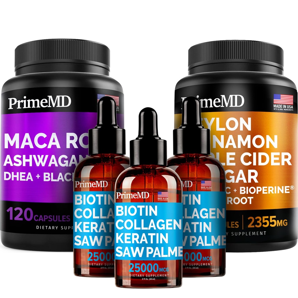 5-in-1 Ceylon Cinnamon (120ct), 4-in-1 Biotin Collagen Keratin Saw Palmetto (2 fl oz - 3 Pack) & 6-in-1 Maca Root Ashwagandha (120ct) Bundle - Energy, Mood, Hair, Skin & Immun Support Supplement