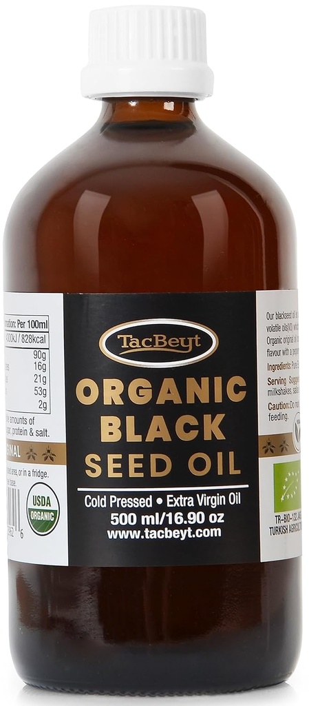 Huile de graines noire TacBeyt, liquide pressé à froid biologique, 2% de thymoquinone, 100% d'huile de graines noire turque originale, certifiée USDA, sans gluten, sans OGM, pressé à froid, (Original 16.90 Fl Oz)