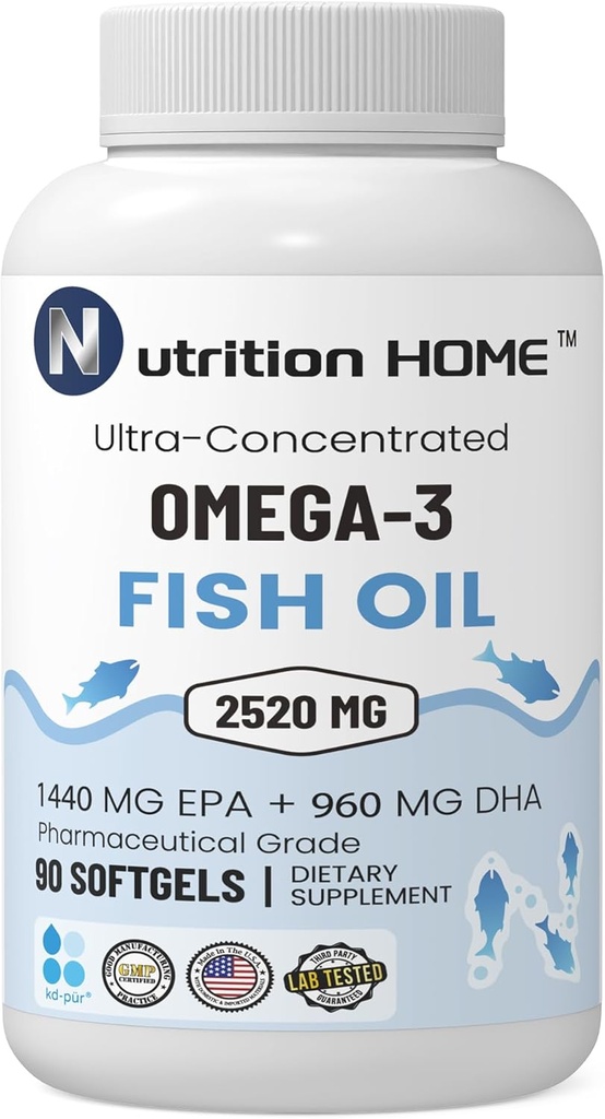 Triple Strength Omega 3 Fish Oil 3000 mg EPA & DHA, 2520mg Omega 3 Fettsäuren 1440mg EPA + 960mg DHA Best Essential Fatty Acids Premium Burpless Softgel Supplements (90)