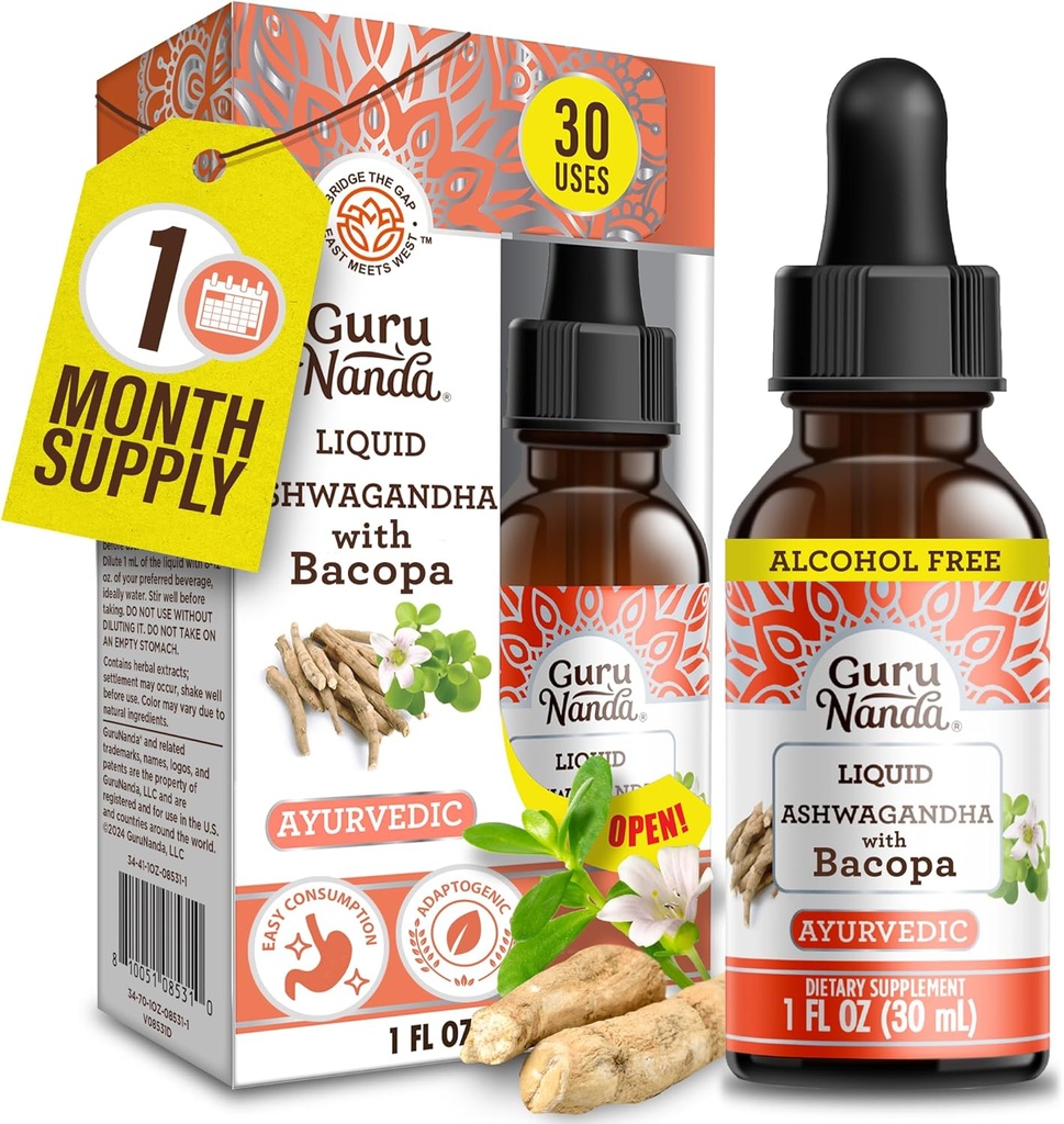 GuruNanda Liquid Ashwagandha mit Bacopa (1 Fl Oz) - Natürliche Nahrungsergänzungsmittel- Flüssigextrakt Tropfen - für Männer & Frauen- Vegan & Alkoholfrei - Aids in Immun-, Fokus- & Entspannungsunterstützung