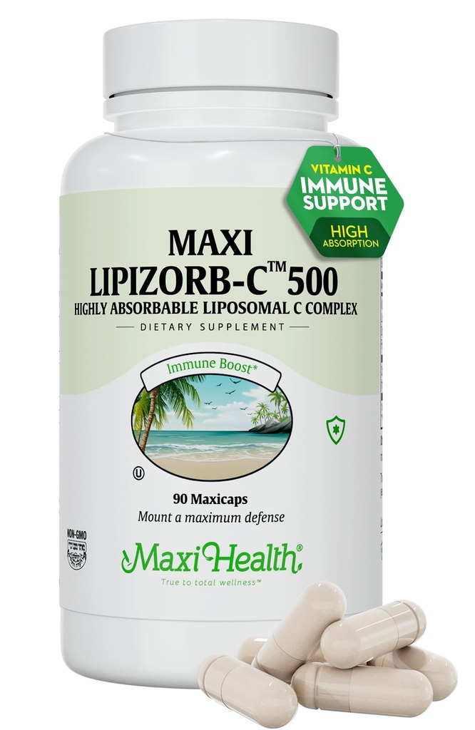 Maxi Health Liposomal Vitamin C 500mg Kapseln mit Verdauungsmischung, hochabsorbierbares High Dose VitaminC, Non GMO Kosher Vegetarische Arzt-Formulierte Immununterstützungsergänzung (90 Count)