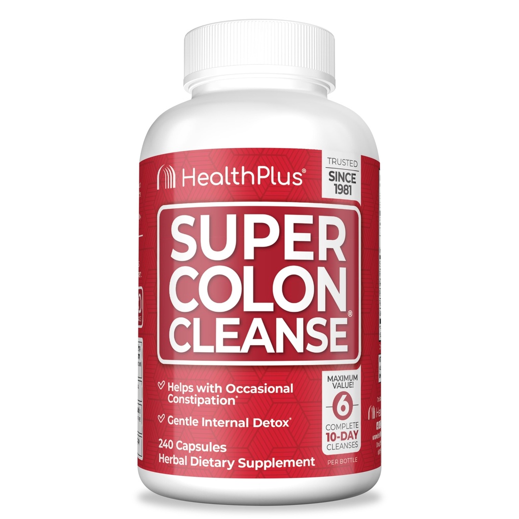 Health Plus Super Colon Cleanse 60 jours d'approvisionnement de doux Gut Cleanse Detox, Psyllium Husk, Probiotiques pour le soulagement de la constipation et le soutien digestif, 240 capsules