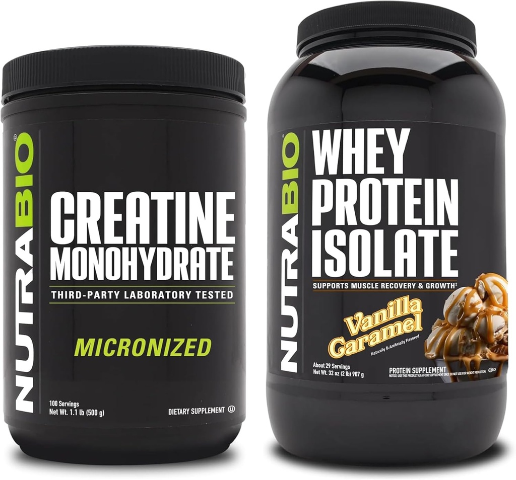 NutraBio Creatine Monohydrat, Unflavored, 500g und Whey Protein Isolate, Vanilla Caramel, Supplement Bundle - Muskelenergie, Lean Muskelwachstum, Erholung und Stärke