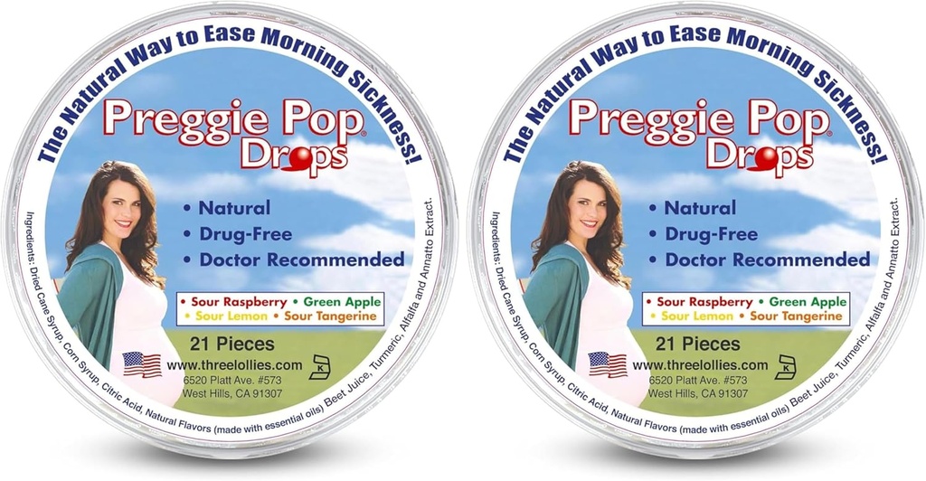 Drei Lollies Preggie Pop Drops - 21 Tropfen - Morgen Krankheit Relief während Schwangerschaft - Sicher für schwangere Mutter & Baby - Glutenfrei - Vier Geschmacksrichtungen: Zitronen, Himbeer, Grüner Apfel, Tangerine (Pack von 2)