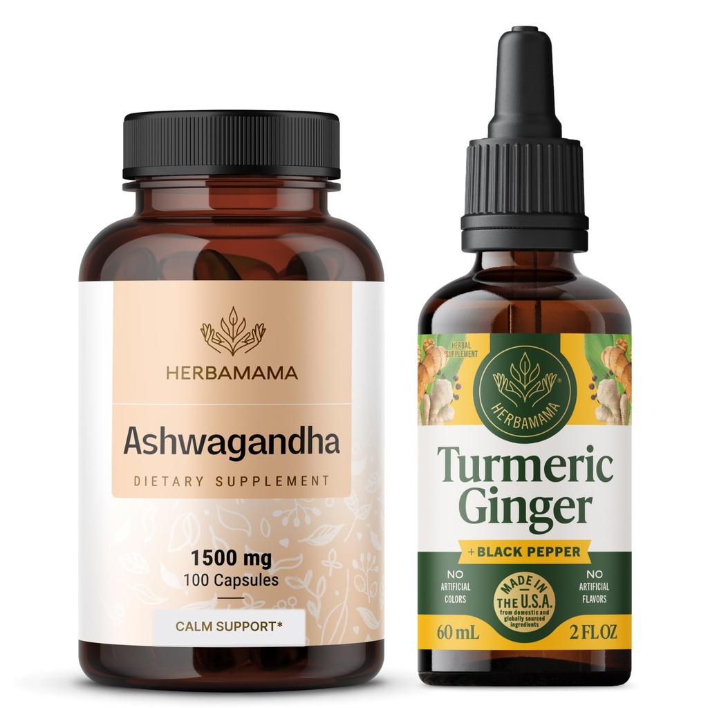HERBAMAMA Ashwagandha und Turmeric Ginger Kit - Bundle von 1500 mg Ashwagandha Root Capsules & Turmeric Ginger Tinkture 2 fl oz - Vegan, Non-GMO, Sugar & Alcohol-Free - 2 Pack